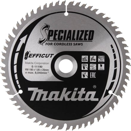 Makita EFFICUT ref.190x20x60Z E-11190 Makita E-11190 Diameter:190 mm Aantal tanden:60 Dikte:1.45 mm