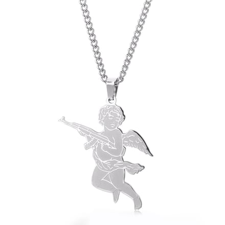 Engel met Geweer Ketting - Zilverkleurig - Grappige Hanger Ketting 60cm - Pax Amare
