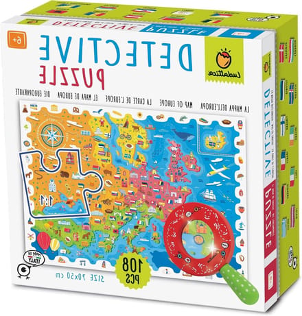 Detective Puzzel - Europa Kaart - Leren Spelen - Met Vergrootglas - 108 Stukjes - Multicolor