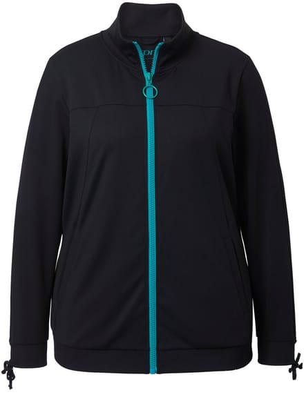 Ulla Popken - Dames - Sweatvest rimpelband bij de mouwen capuchon 2-wegrits - Zwart - Maat 50+