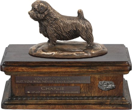 Persoonlijke urn voor Norfolk Terrier met beeldje en houten design