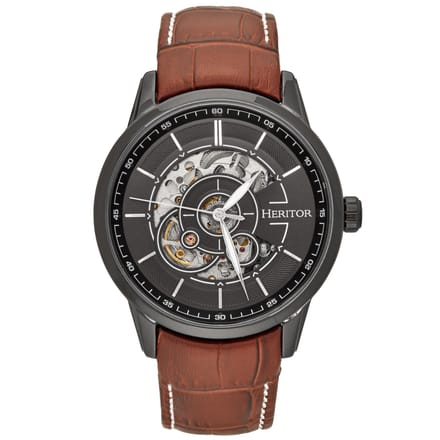 Heritor Automatic Davies Semi-Skeleton Horloge met Leren Band - Zwart/Bruin