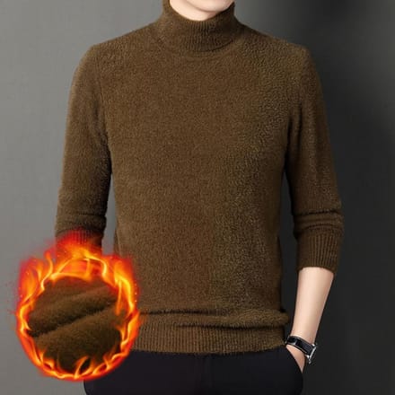 Pull épais à col roulé chaud de couleur unie pour homme, couche de base tricotée en velours imitation vison, pull en velours 4XL brown