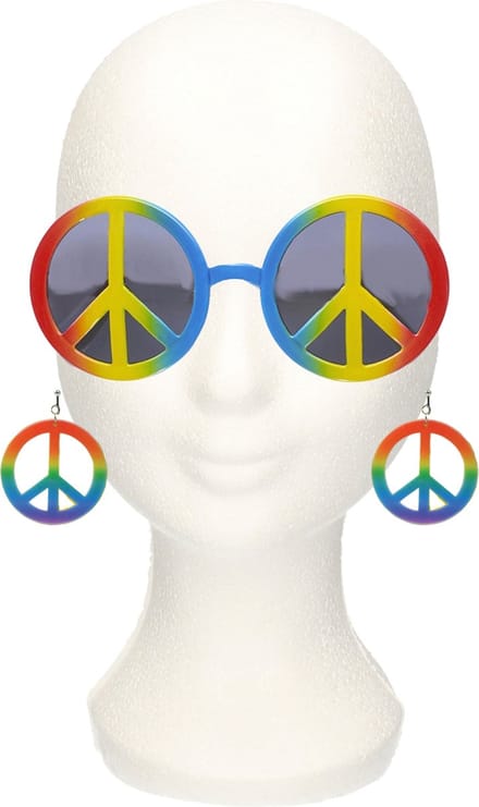 Verkleed set Sixties/Hippie/Flower Power Peace oorbellen en zonnebril