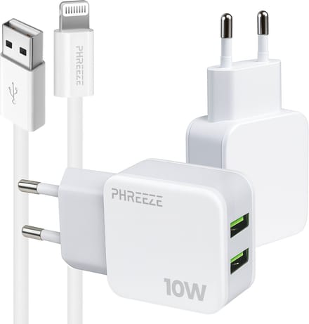 Phreeze usb oplader geschikt voor iPhone 14 13 12 11 X XR XS Max Pro Mini Plus en iPad met Lightning kabel - 5V 2A 10W dubbele usb adapter