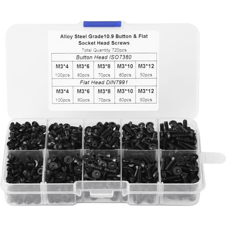 720 stuks M3*4681012 Zwarte Legeringsstaal Platte Kop Zeskant Schroeven met Plastic Doos