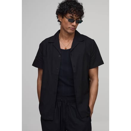 Regular Fit Linnen Blend Overhemd Met Korte Mouwen | Black | Size Medium