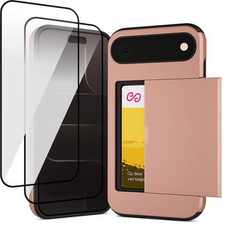 Hoesje met Pasjeshouder geschikt voor iPhone 17 Air - 2x Screen Protector FullGuard - Back Cover SlideCase Roségoud & Screenprotector