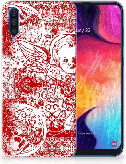 Back Cover voor Silicone Back Case Samsung Galaxy A50 Angel Skull Rood