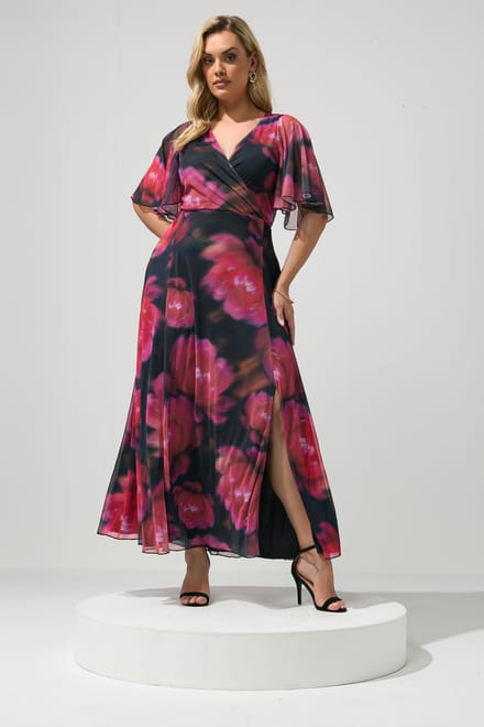 Yours London Zwarte En Roze Abstracte Bloemenprint Mesh Jurk Size 42