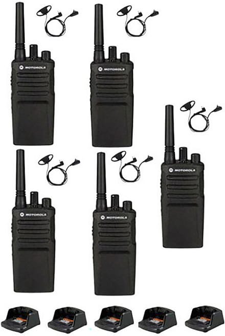 Set van 5 Motorola XT420 UHF IP55 PMR446, laders en D-shape oortje M1 2-Pins