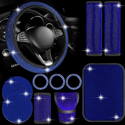 Ensemble d'accessoires de voiture 11 pièces, couvre-volant en strass, couvercle de levier de vitesse scintillant, frein à main bleu