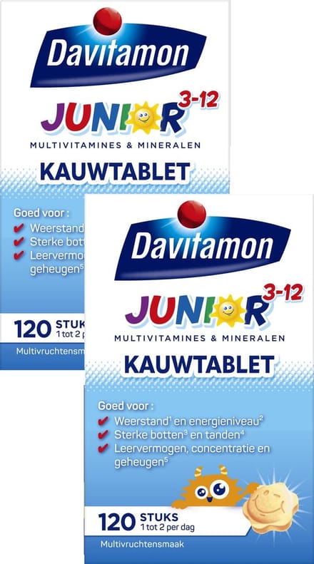 Davitamon Junior 3+ multivitaine - Multivitaminen speciaal voor kinderen - Multifruit - 2 x 120 kauwtabletten - BUNDEL