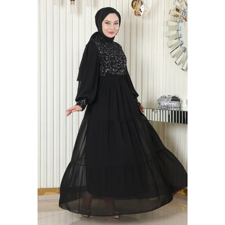 Pailletten Chiffon Avondjurk Zwart