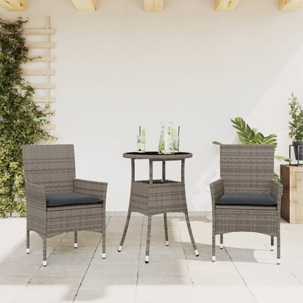 vidaXL - 3-delige - Tuinset - met - kussens - poly - rattan - en - glas - grijs