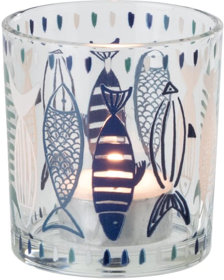 J-Line theelichthouder Vis - glas - wit/blauw - small - 2 stuks
