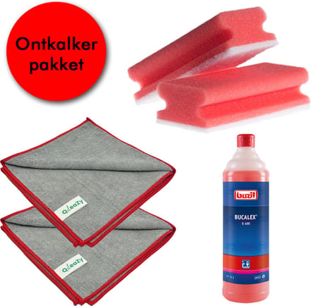 Professioneel Ontkalkerpakket - Buzil Bucalex 1L. | 2x Grey Line Microvezeldoek 300grms | 2x Schuurspons