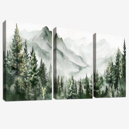 Set van 3 houten ingelijste canvas wanddecoratie met aquarel berglandschap en bos