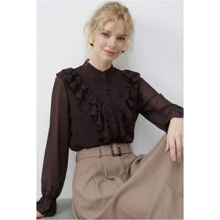 Rimpelige Mandarin Kraag Lange Mouw Chiffon Blouse