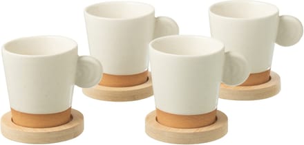 J-Line koffietas Met Oor + Bamboubasis - keramiek - wit/naturel - doos van 4