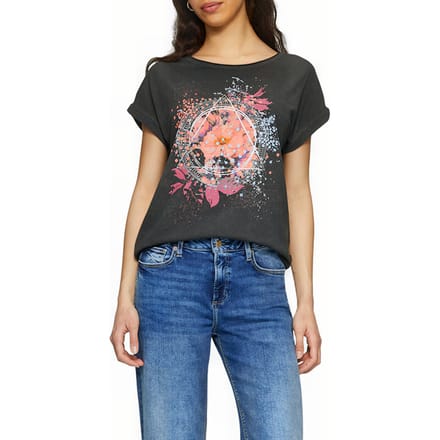 QS - female - Oversized top in een garment-washed look met een print op de voorkant