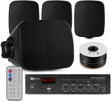 Power Dynamics buiten speakers set van 4 waterdichte mini speakers - Bluetooth en FM radio - Zwart