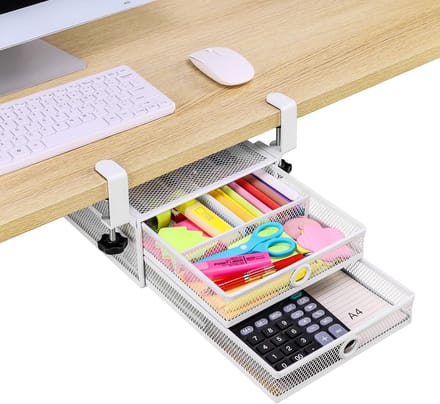 Uitschuifbare Lade Organizer Onder Bureau - 2-Laags Metalen Opbergrek voor Thuiskantoor Bureau (Wit)