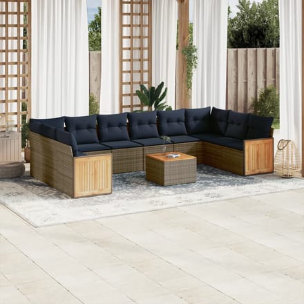 vidaXL - 11-delige - tuinbankset - met - kussens, - grijs - polyrotan