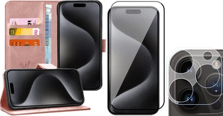 Hoesje geschikt voor iPhone 15 Pro - Screenprotector FullGuard & Camera Lens Screen Protector - Book Case Kunstleer Pasjeshouder Rosegoud