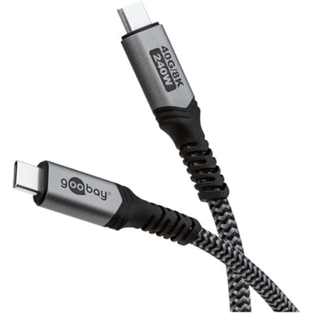 Goobay USB-C-kabel, USB4, 1,8 m, zwart; zilveren, 240 W, 5 A, 40 Gbit/s, Power Delivery, textielmantel