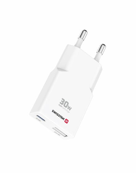 Swissten Snellader 30W Slim Design - USB-C & USB-A Poort - GaN technologie - Geschikt voor o.a. Smartphone & Tablet - Wit