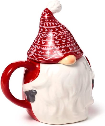 Beker/Mok met Deksel - Scandi Kerst Gnoom Kabouter Gevormd - Rood&Wit - Keramiek - 500ml