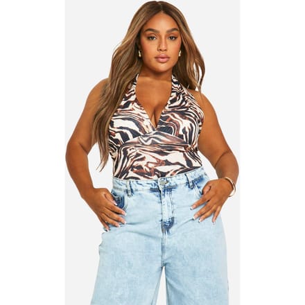 boohoo Dames Plus Dierenprint Uienvel Diep Uitsnijdende Top | Bruin | Maat: 56