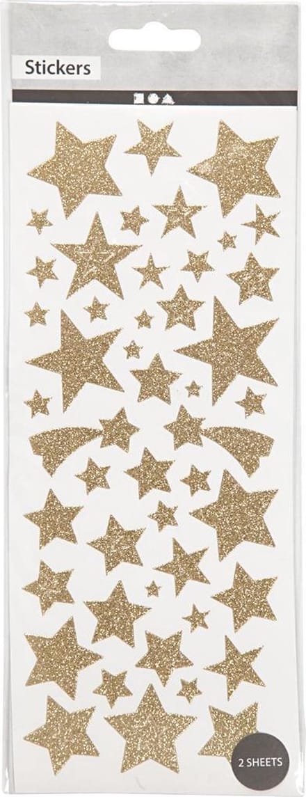 Glitterstickers, sterren, vel 10x24 cm, ca. 110 stuk, goud, 2 vel/ 1 doos