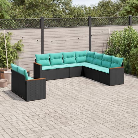 vidaXL - 9-delige - tuinbankset - met - kussens - van - zwart - polyrotan
