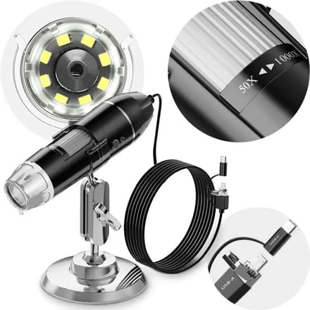 Digitale USB Microscoop Camera - Tot 1600x Vergroting - 1920x1080 Weergave - 8 LED Verlichting - USB-C / Micro USB / USB-A - Voor Android, Windows en Mac
