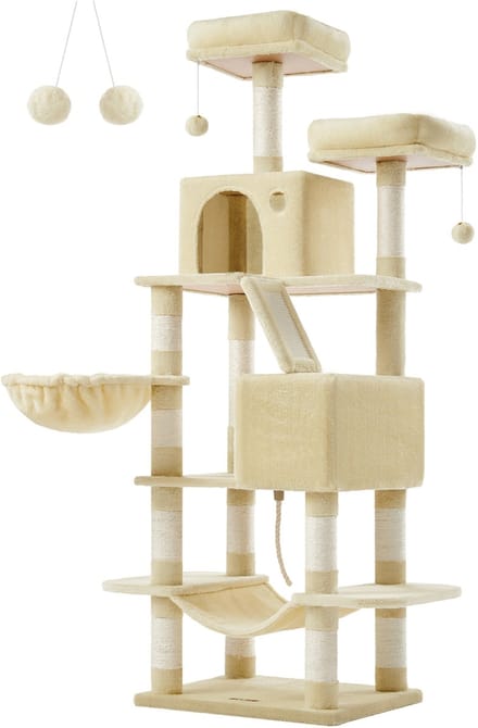 Krabpaal – Groot – 2 Platforms – Pluche Ballen – Beige – Stabiele Kattenboom