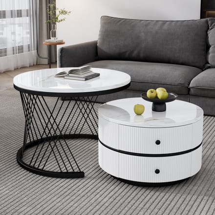 Salontafelset 60/50 cm - Hoogglans Marmerlook met 2 Laden - Rond Nestbaar Ontwerp - MDF - Wit