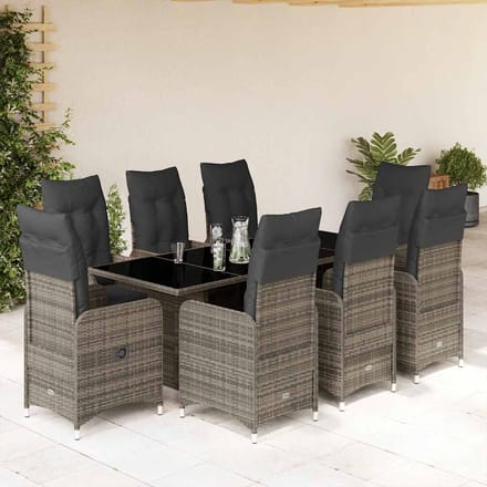 vidaXL - 9-delige - Bistroset - met - kussens - poly - rattan - grijs