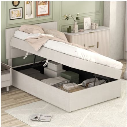 Lit simple - MUVOE - 90 x 200 cm - Beige - Rangement sous le lit - Design minimaliste beige
