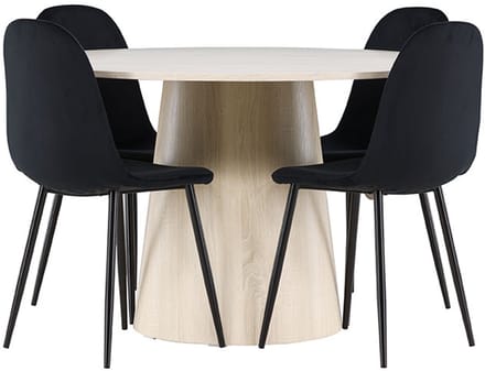 Lanzo eethoek tafel Ø120cm en 4 velours stoelen whitewash.