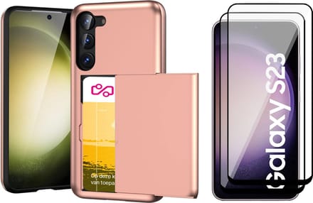 Hoesje met Pasjeshouder geschikt voor Samsung Galaxy S23 - 2x Screen Protector FullGuard - Back Cover SlideCase Roségoud & Screenprotector