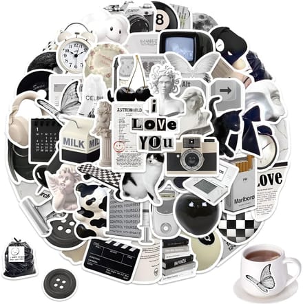 Dailygoody - Pack van 60 Zwart-Witte Waterdichte Stickers voor Creatieve DIY Projecten