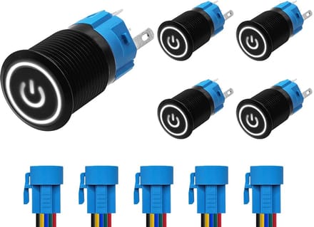 ProRide Drukschakelaar ON-OFF 220V - 16mm Metaal - Waterdicht - LED Wit - Met Kabels - 5 stuks