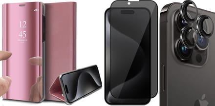 Hoesje geschikt voor iPhone 15 Pro Max - Privacy Screenprotector FullGuard & Camera Lens Screen Protector Zwart - Book Case Spiegel Roségoud