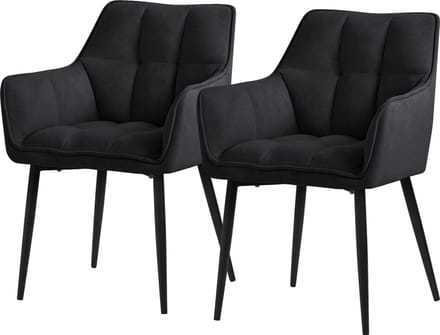 ML-Design eetkamerstoelen set van 2 gemaakt van badstof, zwart, keukenstoel met dikke gestoffeerde zitting & metalen poten, woonkamerstoel met rugleuning en armleuningen, ergonomische loungestoel
