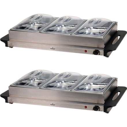 Excellent Electrics - Buffetwarmer Set van 2 - 2-in-1 Warmhoudplaat - 3 RVS Bakken (2L per stuk) - 300W - 53 x 35 cm