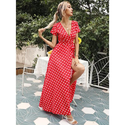 Dames Zomer Taille Korte Mouw Polka Dot Split Jurk 2XL red