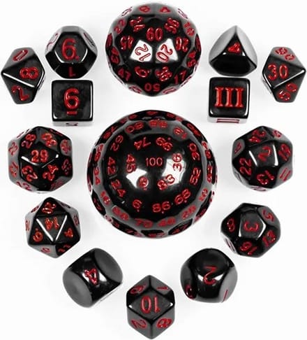Lapi Toys - Dungeons and Dragons dobbelstenen - DnD - D&D - Polydice - set (15 stuks) - D3-D100 - Acryl - Zwart - Rood