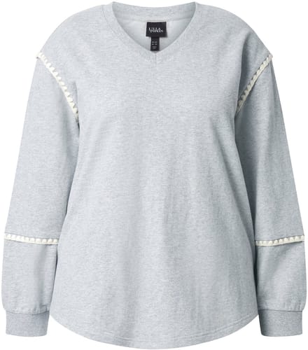Ulla Popken - Dames - Sweatshirt siernaden oversized V-hals lange mouwen - Lichtgrijs melange - Maat 42+